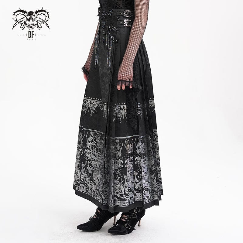 DEVIL FASHION Women's Gothic Crochet Tassels Bucket-up Long Skirt