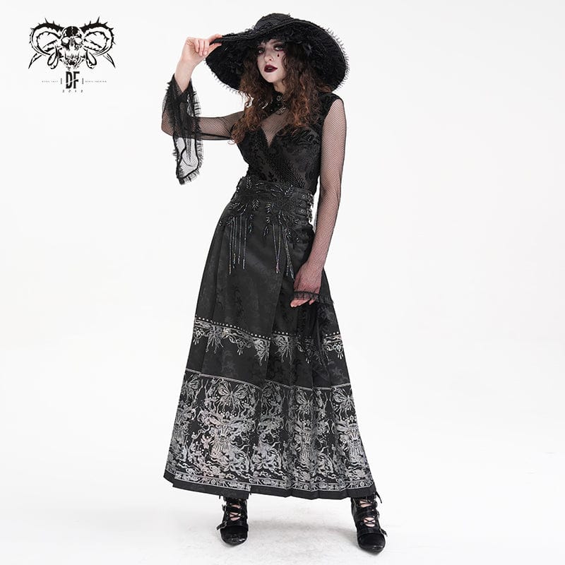 DEVIL FASHION Women's Gothic Crochet Tassels Bucket-up Long Skirt