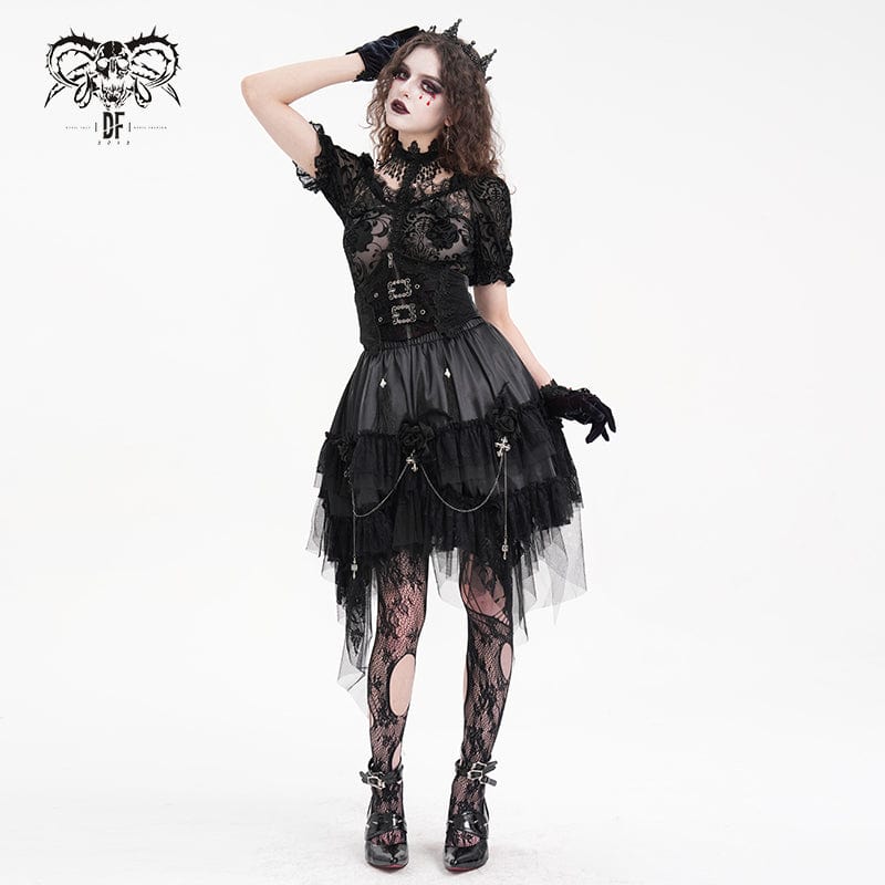 DEVIL FASHION Women's Gothic Cross Chain Lace Irregular Hem Skirt