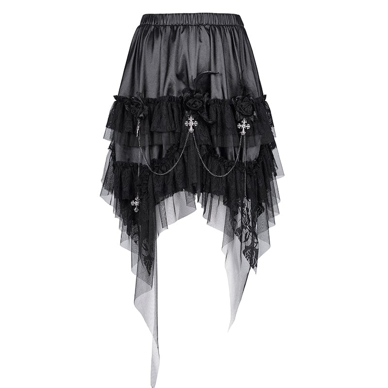 DEVIL FASHION Women's Gothic Cross Chain Lace Irregular Hem Skirt