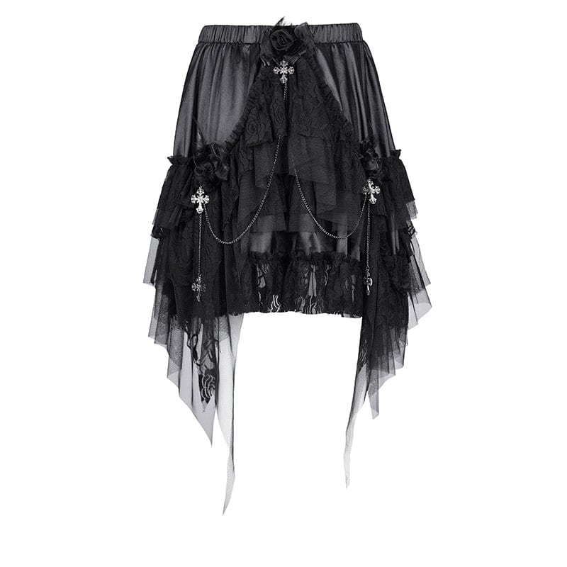 DEVIL FASHION Women's Gothic Cross Chain Lace Irregular Hem Skirt