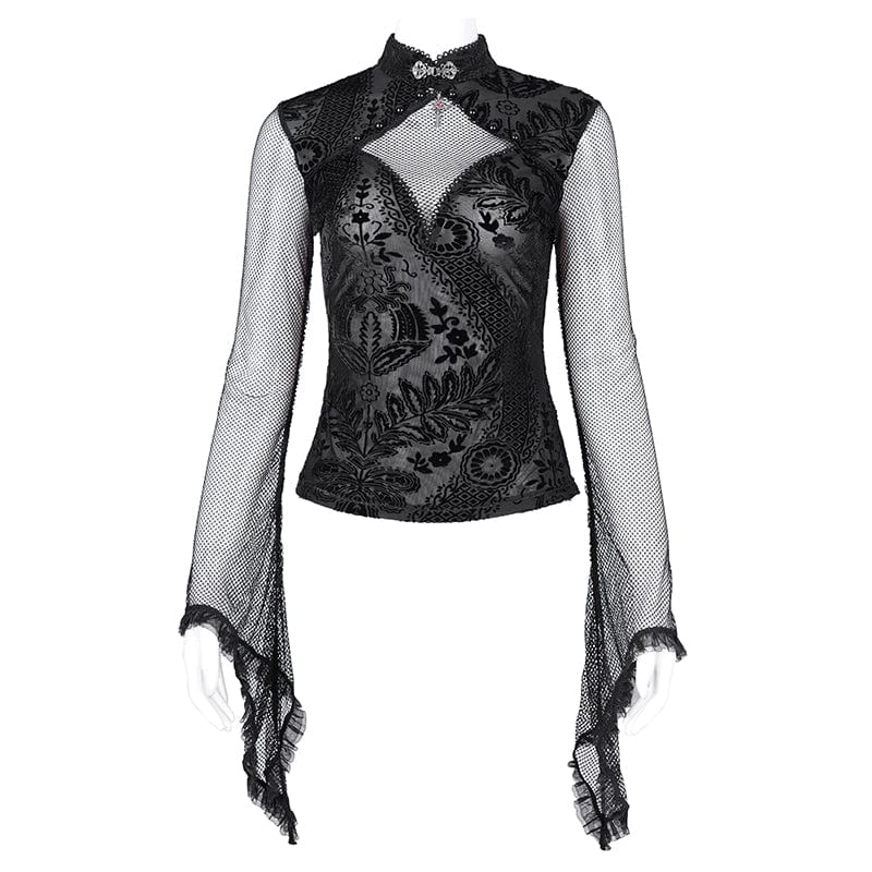 DEVIL FASHION Women's Gothic Cut-out Floral Lace Mesh Long Sleeved Shirt