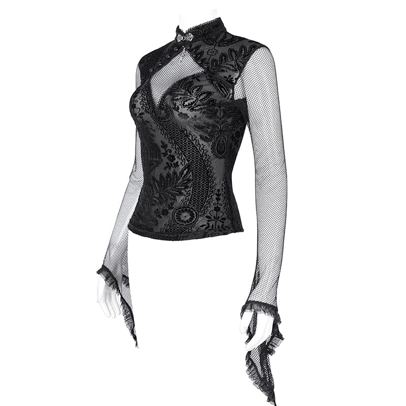 DEVIL FASHION Women's Gothic Cut-out Floral Lace Mesh Long Sleeved Shirt