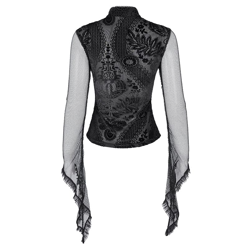 DEVIL FASHION Women's Gothic Cut-out Floral Lace Mesh Long Sleeved Shirt