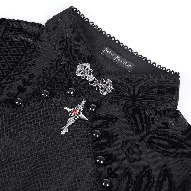 DEVIL FASHION Women's Gothic Cut-out Floral Lace Mesh Long Sleeved Shirt