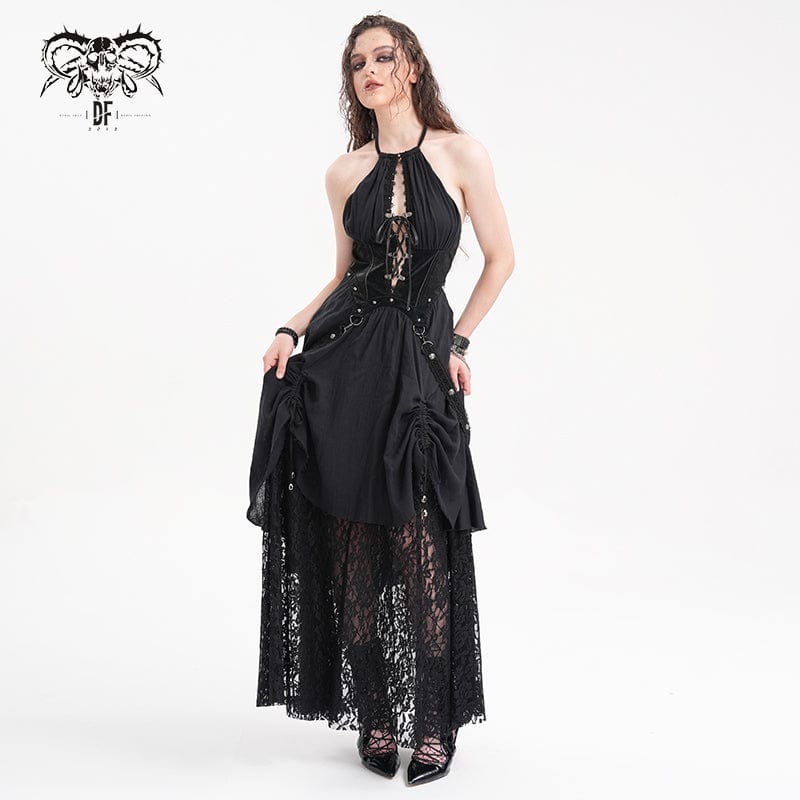 DEVIL FASHION Women's Gothic Cut-out Lace Strap Maxi Dress