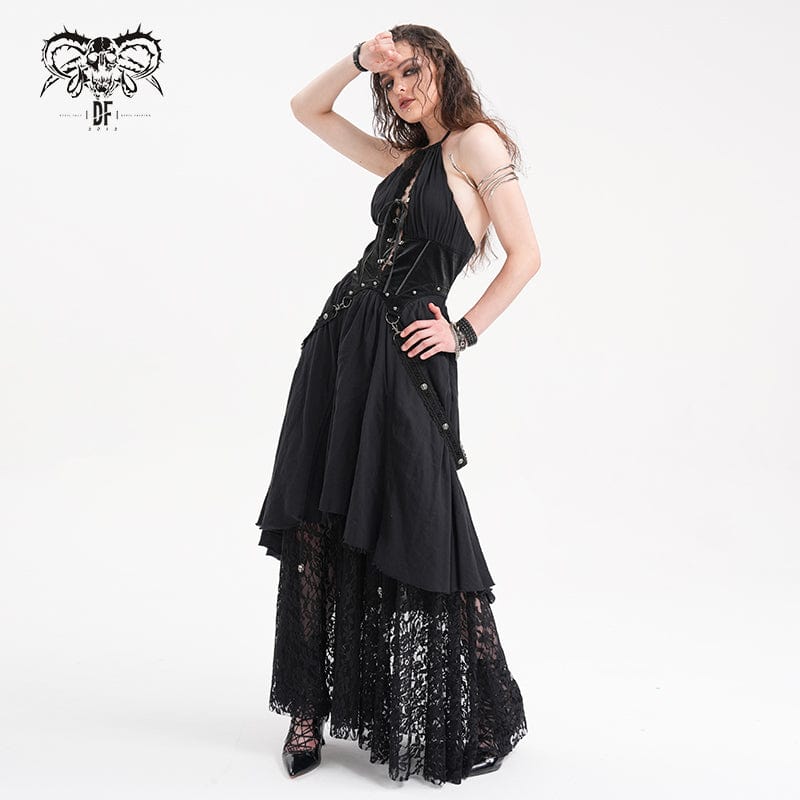 DEVIL FASHION Women's Gothic Cut-out Lace Strap Maxi Dress