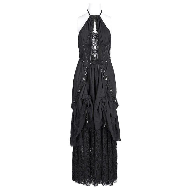 DEVIL FASHION Women's Gothic Cut-out Lace Strap Maxi Dress