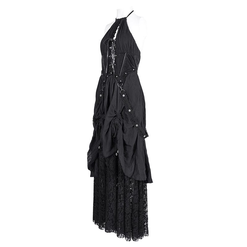 DEVIL FASHION Women's Gothic Cut-out Lace Strap Maxi Dress