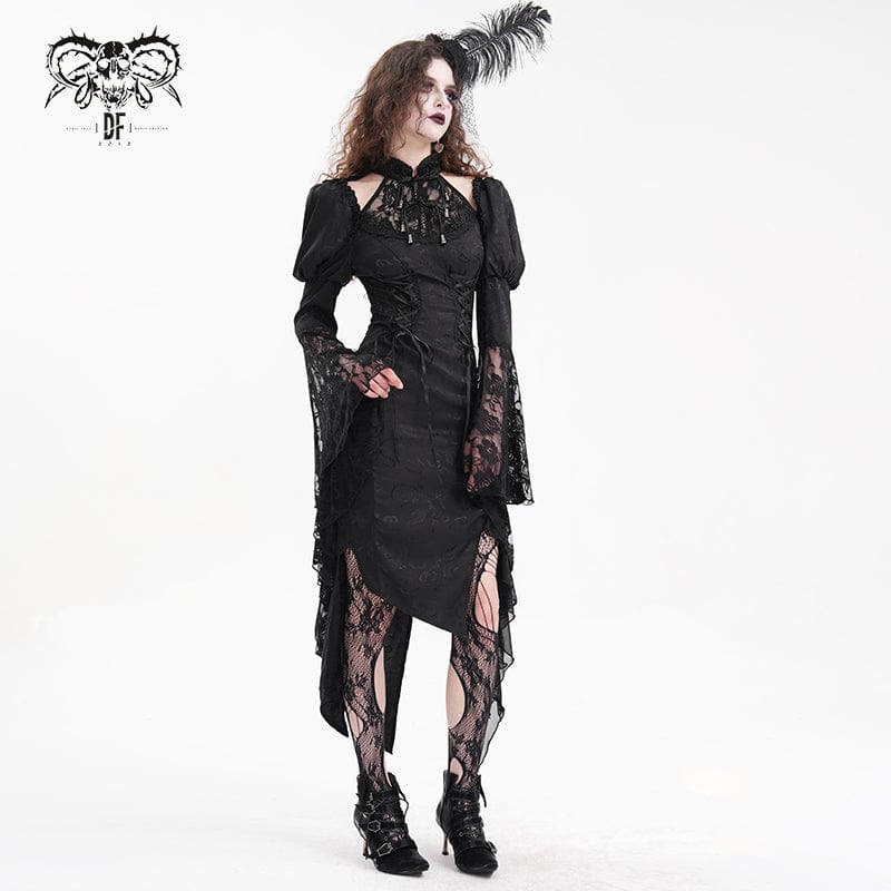 DEVIL FASHION Women's Gothic Cut-out Lace-up Lace Irregular Hem Dress