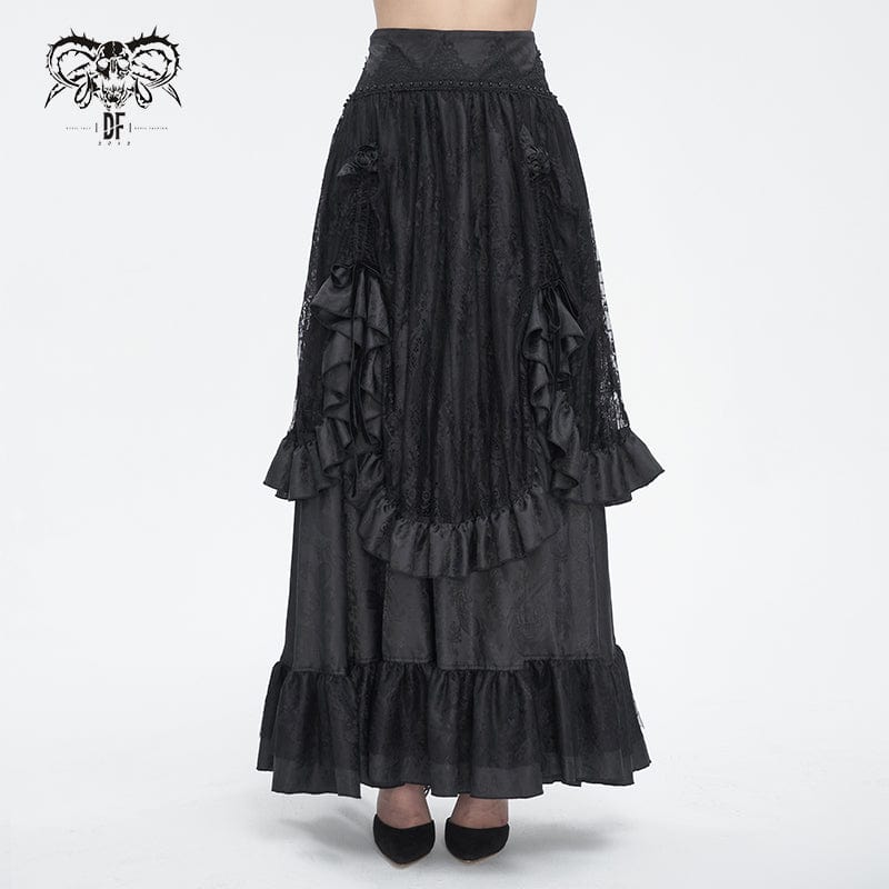 DEVIL FASHION Women's Gothic Drawstring Ruffled Lace Skirt