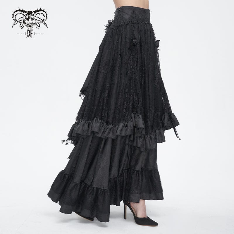 DEVIL FASHION Women's Gothic Drawstring Ruffled Lace Skirt