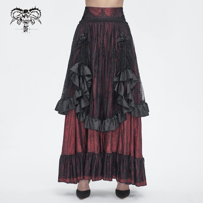 DEVIL FASHION Women's Gothic Drawstring Ruffled Red Lace Skirt