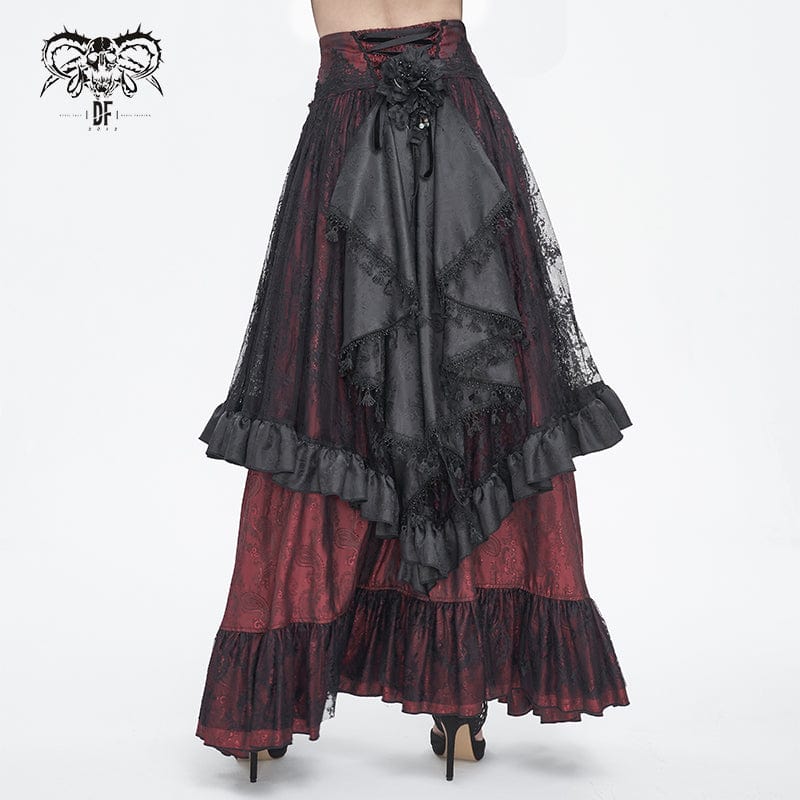 DEVIL FASHION Women's Gothic Drawstring Ruffled Red Lace Skirt