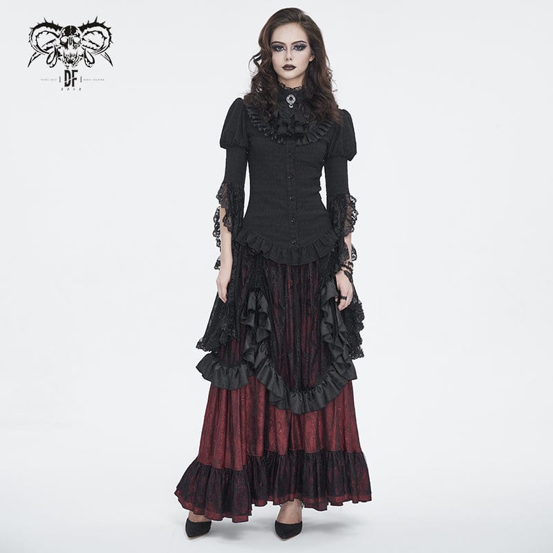 DEVIL FASHION Women's Gothic Drawstring Ruffled Red Lace Skirt