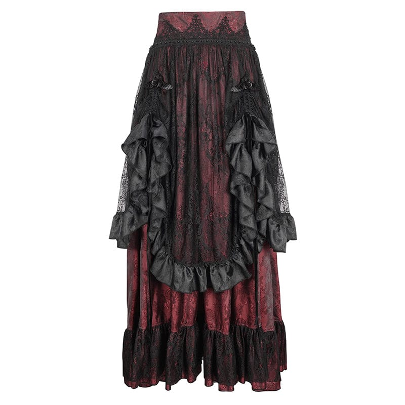 DEVIL FASHION Women's Gothic Drawstring Ruffled Red Lace Skirt