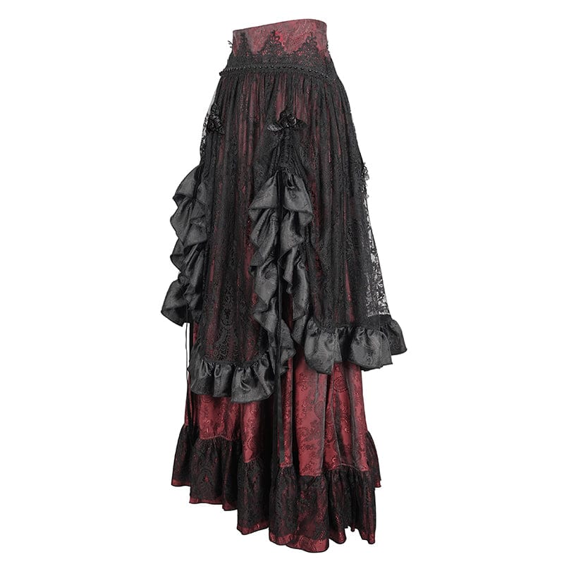 DEVIL FASHION Women's Gothic Drawstring Ruffled Red Lace Skirt