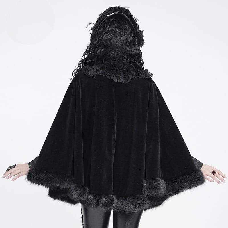 DEVIL FASHION Women's Gothic Embroidered Faux Fur Trim Velvet Cloak with Neckwear