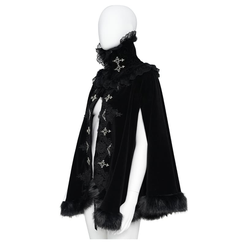 DEVIL FASHION Women's Gothic Embroidered Faux Fur Trim Velvet Cloak with Neckwear
