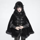 DEVIL FASHION Women's Gothic Embroidered Faux Fur Trim Velvet Cloak with Neckwear
