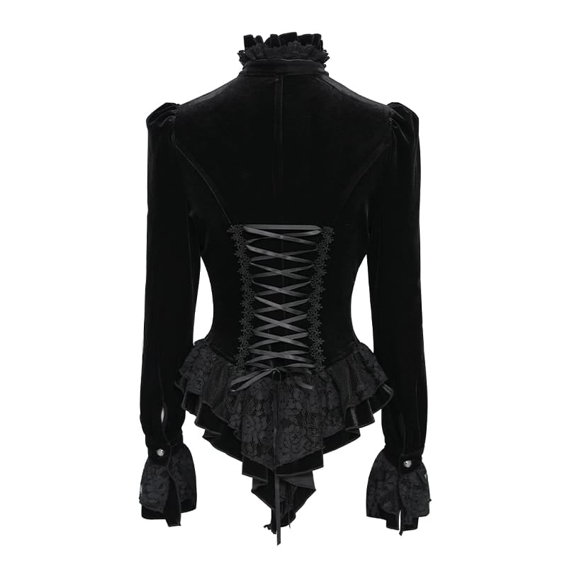DEVIL FASHION Women's Gothic Embroidered Ruffled Stand Collar Long Sleeve Shirt Black