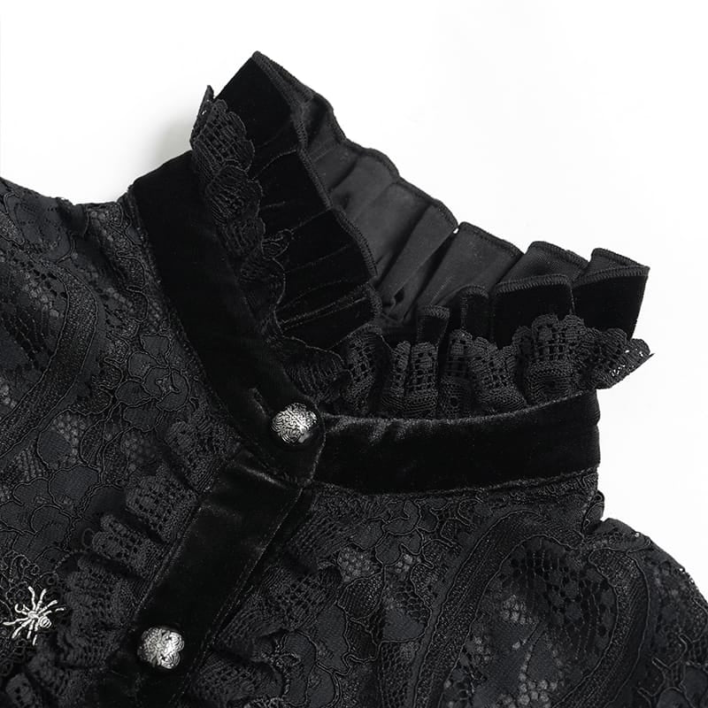 DEVIL FASHION Women's Gothic Embroidered Ruffled Stand Collar Long Sleeve Shirt Black