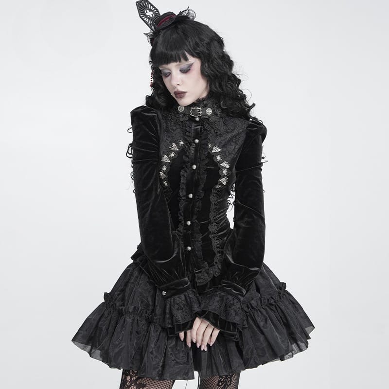 DEVIL FASHION Women's Gothic Embroidered Ruffled Stand Collar Long Sleeve Shirt Black