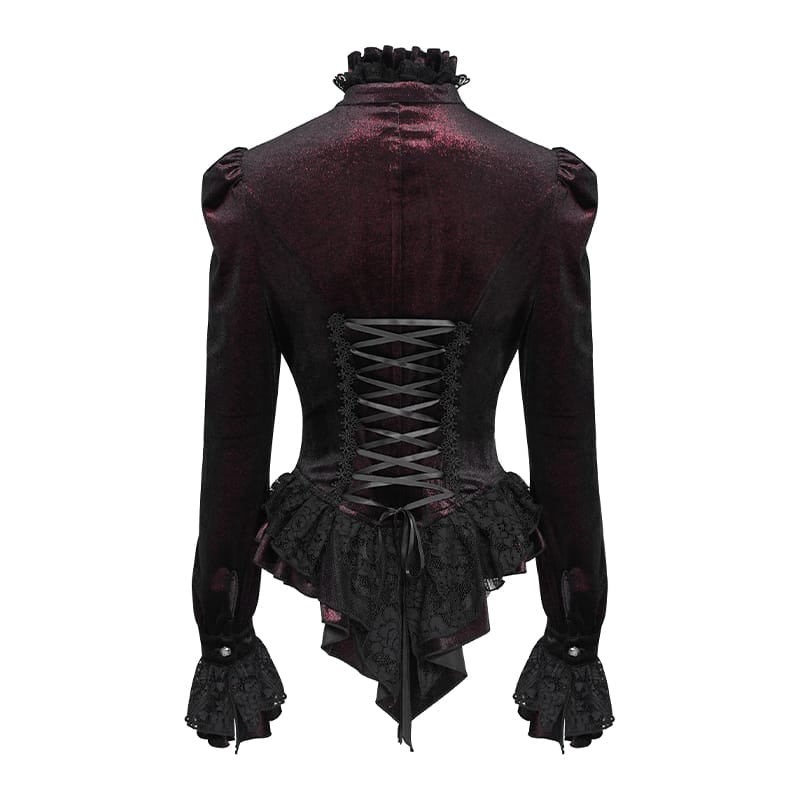 DEVIL FASHION Women's Gothic Embroidered Ruffled Stand Collar Long Sleeve Shirt Red