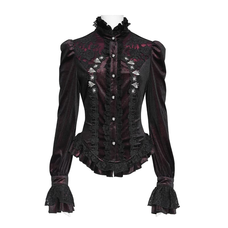 DEVIL FASHION Women's Gothic Embroidered Ruffled Stand Collar Long Sleeve Shirt Red