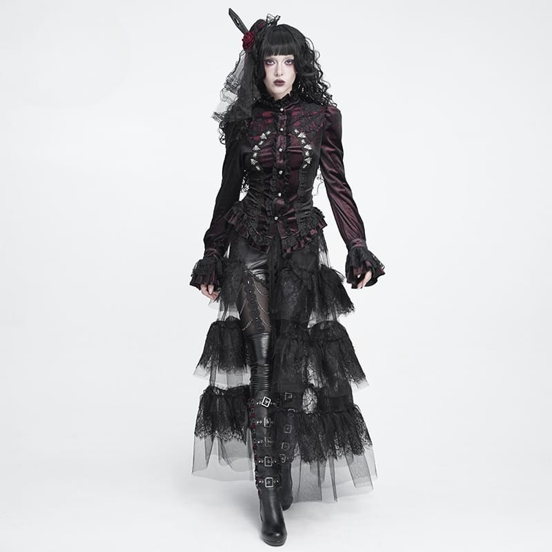 DEVIL FASHION Women's Gothic Embroidered Ruffled Stand Collar Long Sleeve Shirt Red