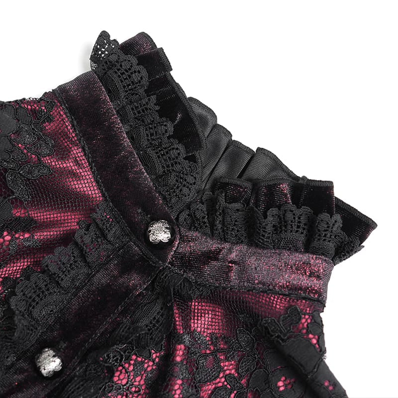 DEVIL FASHION Women's Gothic Embroidered Ruffled Stand Collar Long Sleeve Shirt Red