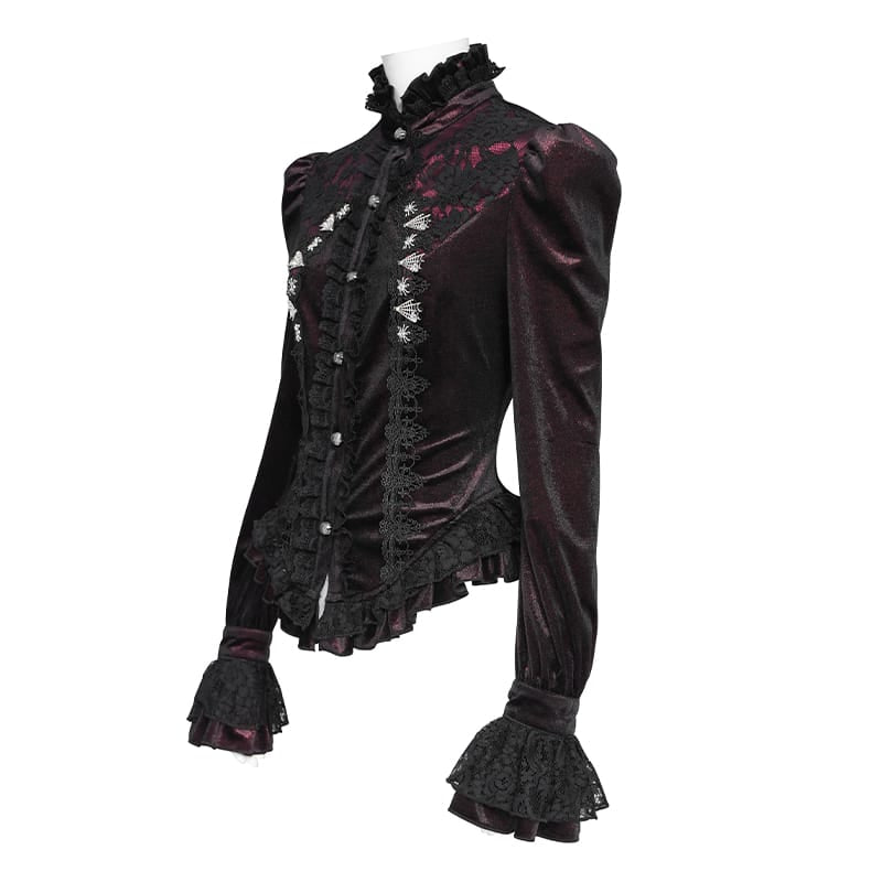 DEVIL FASHION Women's Gothic Embroidered Ruffled Stand Collar Long Sleeve Shirt Red