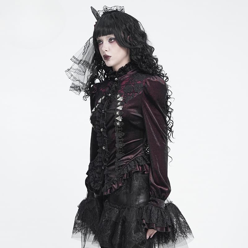 DEVIL FASHION Women's Gothic Embroidered Ruffled Stand Collar Long Sleeve Shirt Red