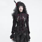 DEVIL FASHION Women's Gothic Embroidered Ruffled Stand Collar Long Sleeve Shirt Red