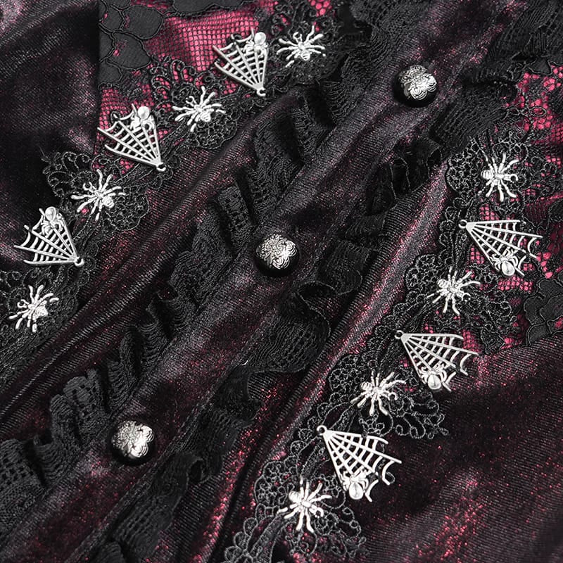 DEVIL FASHION Women's Gothic Embroidered Ruffled Stand Collar Long Sleeve Shirt Red