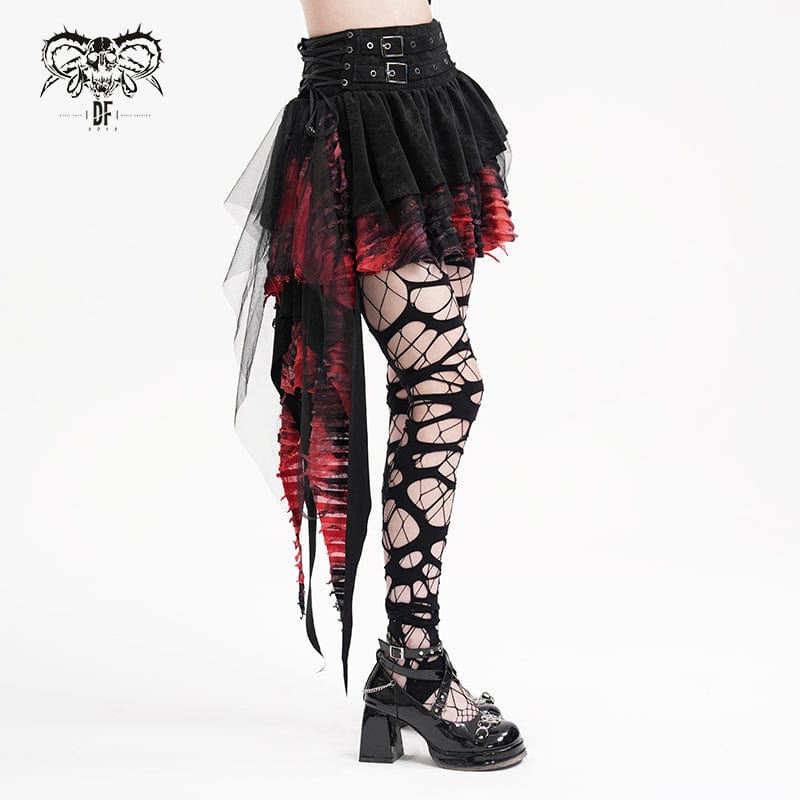 DEVIL FASHION Women's Gothic Eyelets Mesh Irregular Hem Skirt Black Red