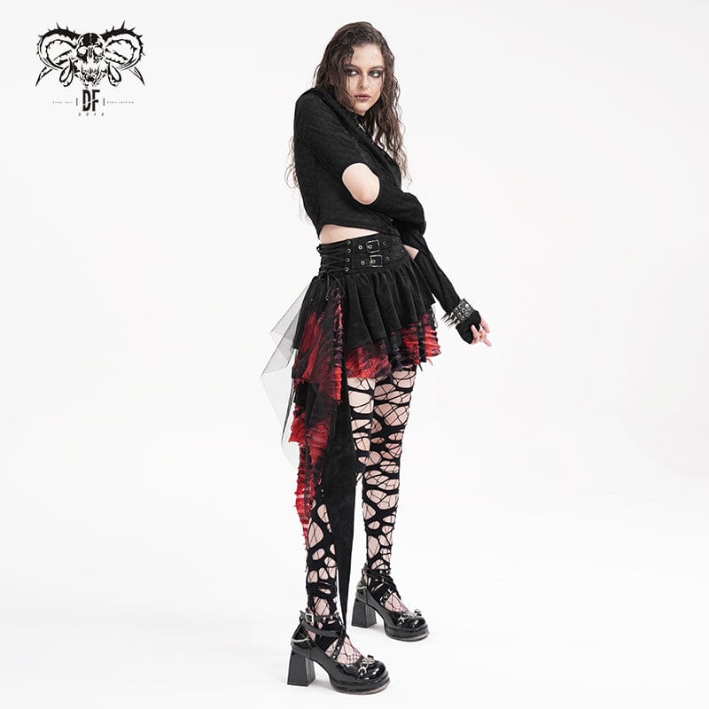 DEVIL FASHION Women's Gothic Eyelets Mesh Irregular Hem Skirt Black Red