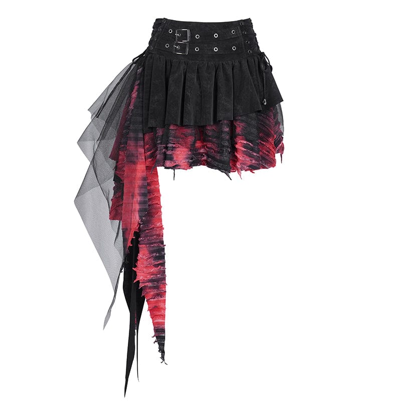 DEVIL FASHION Women's Gothic Eyelets Mesh Irregular Hem Skirt Black Red