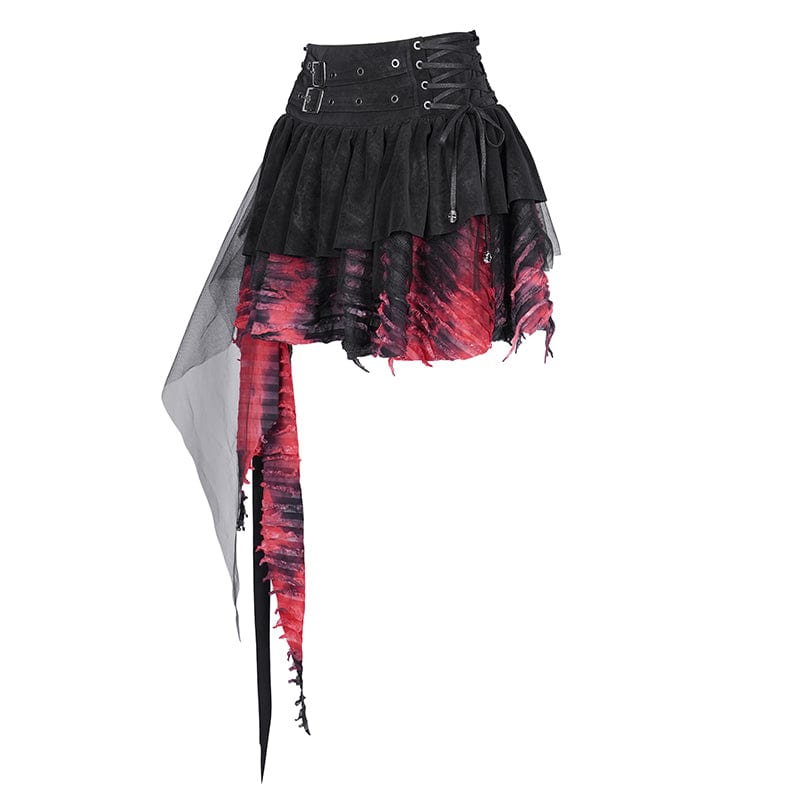 DEVIL FASHION Women's Gothic Eyelets Mesh Irregular Hem Skirt Black Red