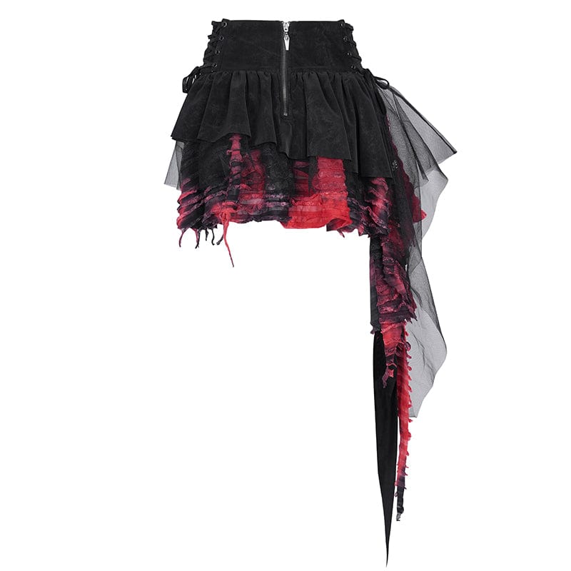 DEVIL FASHION Women's Gothic Eyelets Mesh Irregular Hem Skirt Black Red