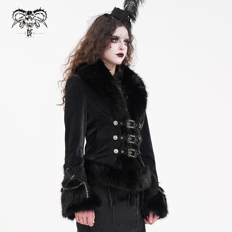 DEVIL FASHION Women's Gothic Faux Fur Bucket-up Chain Jacket