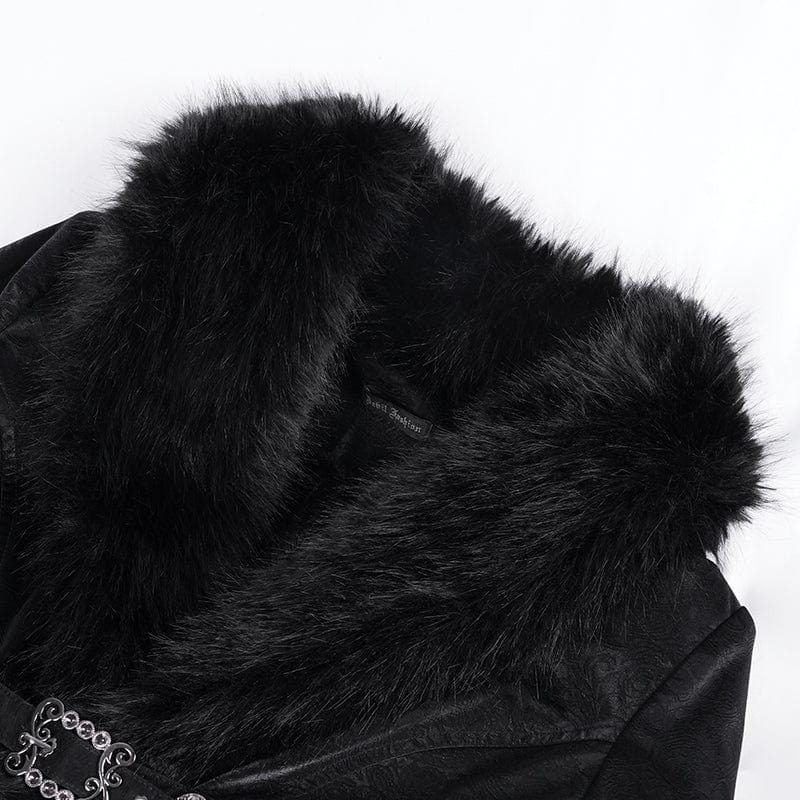 DEVIL FASHION Women's Gothic Faux Fur Bucket-up Chain Jacket