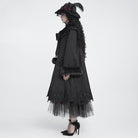 DEVIL FASHION Women's Gothic Faux Fur Collar Lace Embroidery Trim Long Coat with Detachable Bowknot