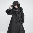DEVIL FASHION Women's Gothic Faux Fur Collar Lace Embroidery Trim Long Coat with Detachable Bowknot