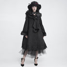 DEVIL FASHION Women's Gothic Faux Fur Collar Lace Embroidery Trim Long Coat with Detachable Bowknot