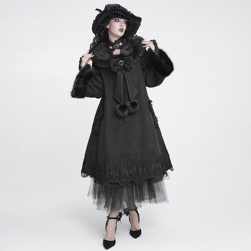 DEVIL FASHION Women's Gothic Faux Fur Collar Lace Embroidery Trim Long Coat with Detachable Bowknot