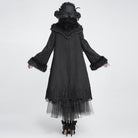 DEVIL FASHION Women's Gothic Faux Fur Collar Lace Embroidery Trim Long Coat with Detachable Bowknot