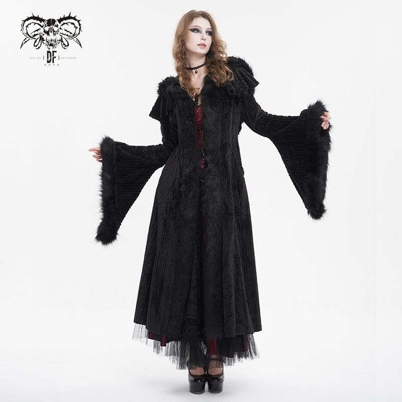 DEVIL FASHION Women's Gothic Flared Sleeved Fluffy Coat with Hood