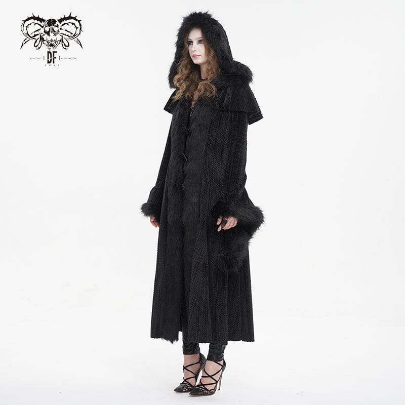 DEVIL FASHION Women's Gothic Flared Sleeved Fluffy Coat with Hood