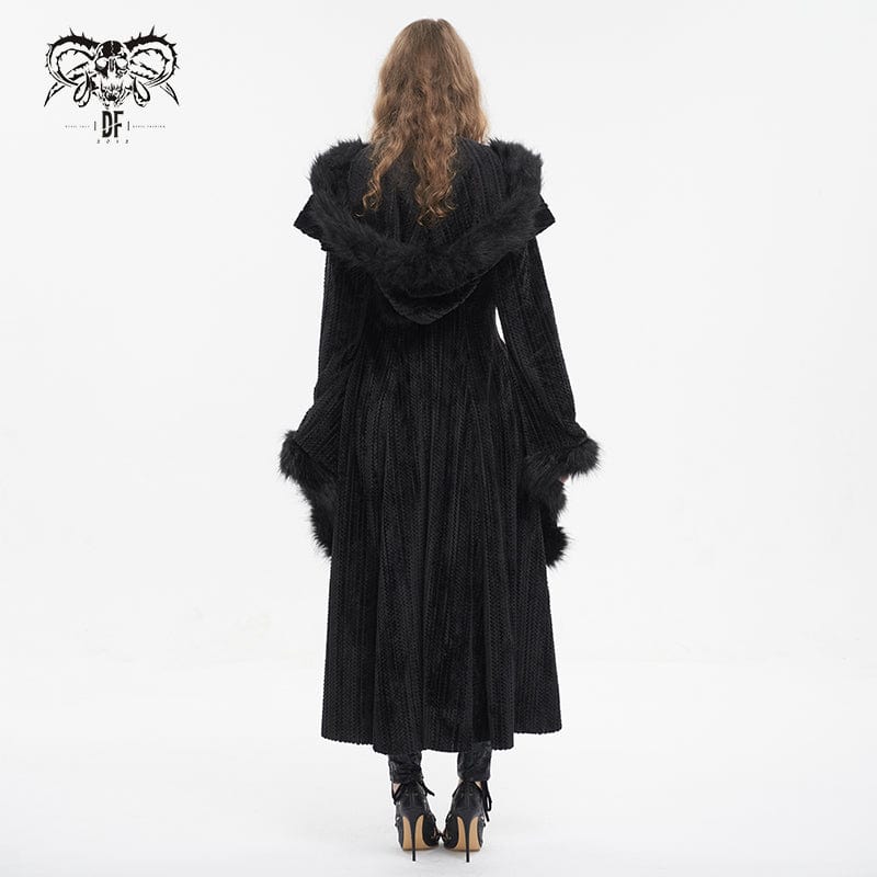 DEVIL FASHION Women's Gothic Flared Sleeved Fluffy Coat with Hood